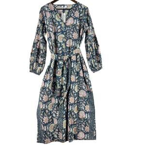 Floral Print Midi Dress with Tie Waist - Navy Pink